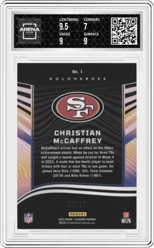 Christian McCaffrey from the 2023 Panini Illusions set featuring a Gold parallel graded by Arena Club and given an overall grade of 7.5.