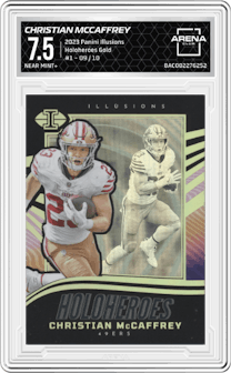 Christian McCaffrey from the 2023 Panini Illusions set featuring a Gold parallel graded by Arena Club and given an overall grade of 7.5.