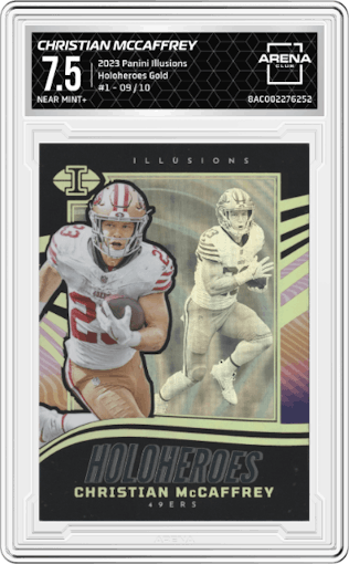 Christian McCaffrey from the 2023 Panini Illusions set featuring a Gold parallel graded by Arena Club and given an overall grade of 7.5.