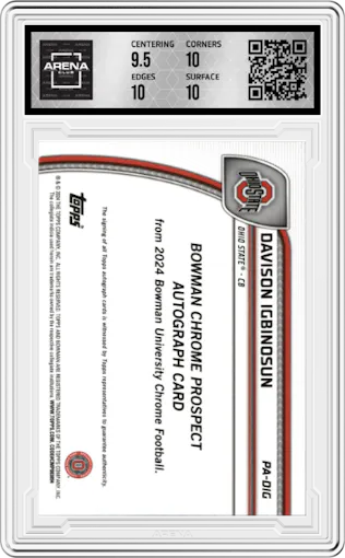 Davison Igbinosun from the 2024 Bowman University Chrome set featuring a Yellow Refractor parallel graded by Arena Club and given an overall grade of 10.