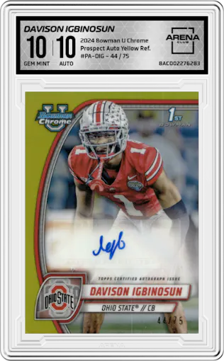 Davison Igbinosun from the 2024 Bowman University Chrome set featuring a Yellow Refractor parallel graded by Arena Club and given an overall grade of 10.