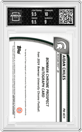 Aidan Chiles from the 2024 Bowman University Chrome set graded by Arena Club and given an overall grade of 9.5.