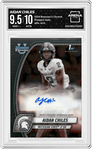 Aidan Chiles from the 2024 Bowman University Chrome set graded by Arena Club and given an overall grade of 9.5.