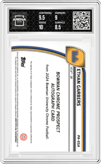 Ethan Garbers from the 2024 Bowman University Chrome set featuring a Green Refractor parallel graded by Arena Club and given an overall grade of 9.