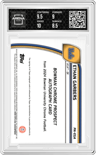 Ethan Garbers from the 2024 Bowman University Chrome set featuring a Green Refractor parallel graded by Arena Club and given an overall grade of 9.