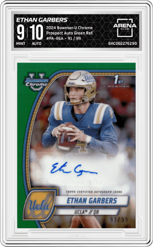 Ethan Garbers from the 2024 Bowman University Chrome set featuring a Green Refractor parallel graded by Arena Club and given an overall grade of 9.
