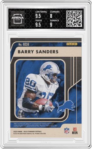 Barry Sanders from the 2020 Panini Gold Standard set graded by Arena Club and given an overall grade of 8.5.