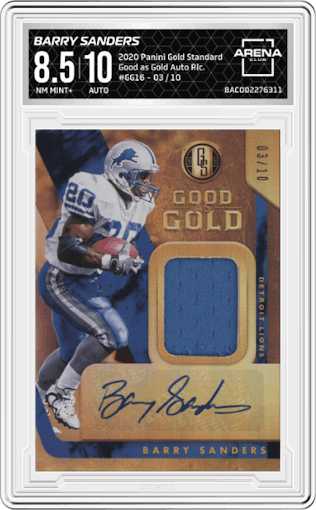 Barry Sanders from the 2020 Panini Gold Standard set graded by Arena Club and given an overall grade of 8.5.