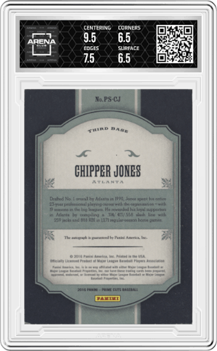 Chipper Jones from the 2016 Panini Prime Cuts set featuring a Holo Red parallel graded by Arena Club and given an overall grade of 7.