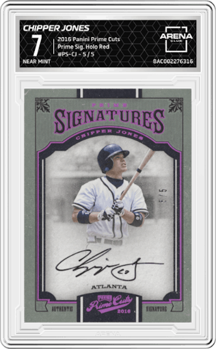 Chipper Jones from the 2016 Panini Prime Cuts set featuring a Holo Red parallel graded by Arena Club and given an overall grade of 7.