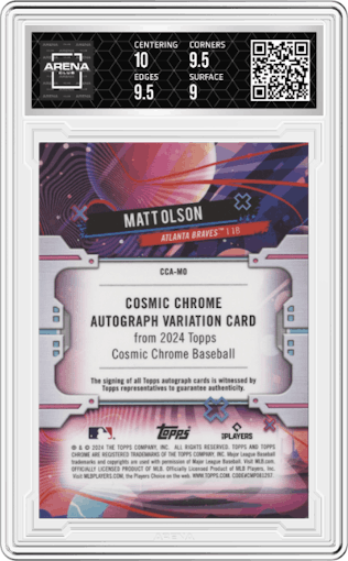 Matt Olson from the 2024 Topps Cosmic Chrome set graded by Arena Club and given an overall grade of 9.5.