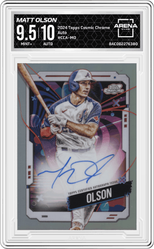 Matt Olson from the 2024 Topps Cosmic Chrome set graded by Arena Club and given an overall grade of 9.5.