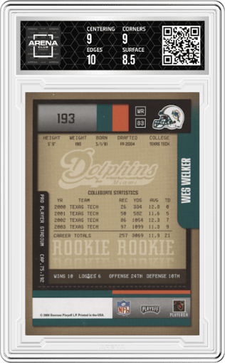 Wes Welker from the 2004 Playoff Contenders set graded by Arena Club and given an overall grade of 9.