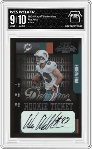 Wes Welker from the 2004 Playoff Contenders set graded by Arena Club and given an overall grade of 9.