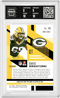 David Bakhtiari from the 2017 Panini Unparalleled set featuring a Teal parallel graded by Arena Club and given an overall grade of 8.5.