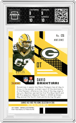 David Bakhtiari from the 2017 Panini Unparalleled set featuring a Teal parallel graded by Arena Club and given an overall grade of 8.5.
