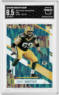 David Bakhtiari from the 2017 Panini Unparalleled set featuring a Teal parallel graded by Arena Club and given an overall grade of 8.5.