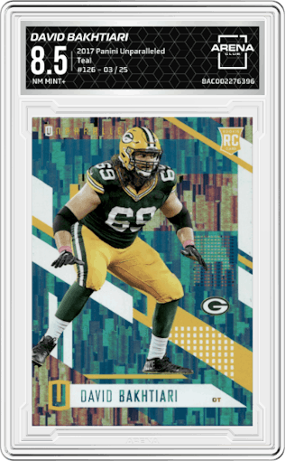 David Bakhtiari from the 2017 Panini Unparalleled set featuring a Teal parallel graded by Arena Club and given an overall grade of 8.5.