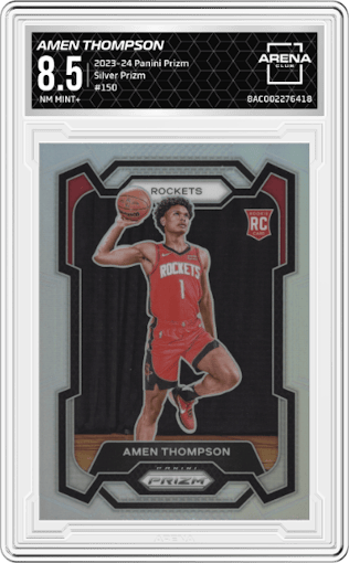 Amen Thompson from the 2023-24 Panini Prizm set featuring a Silver Prizm  parallel graded by Arena Club and given an overall grade of 8.5.