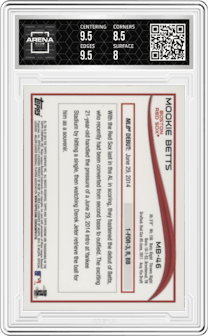 Mookie Betts from the 2014 Topps Chrome Update   set graded by Arena Club and given an overall grade of 8.5.