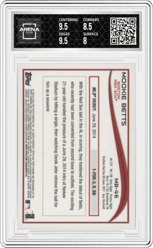 Mookie Betts from the 2014 Topps Chrome Update   set graded by Arena Club and given an overall grade of 8.5.
