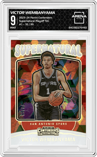 Victor Wembanyama from the 2023-24 Panini Contenders set featuring a Playoff Ticket parallel graded by Arena Club and given an overall grade of 9.