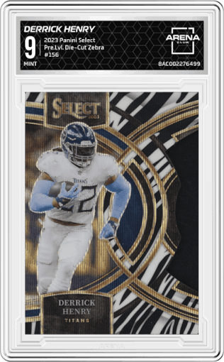 Derrick Henry from the 2023 Panini Select set featuring a Die-Cut Zebra parallel graded by Arena Club and given an overall grade of 9.