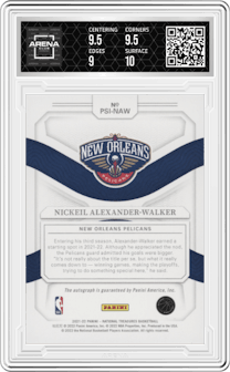 Nickeil Alexander-Walker from the 2022-23 Panini National Treasures set featuring a Gold parallel graded by Arena Club and given an overall grade of 9.5.