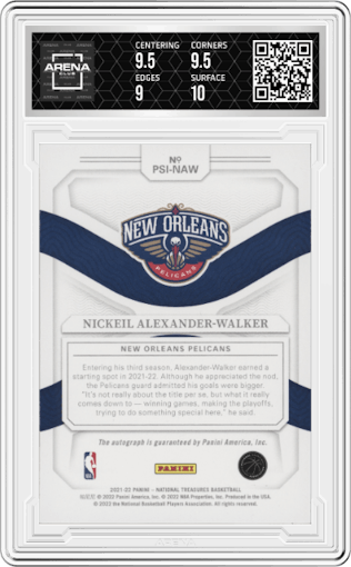 Nickeil Alexander-Walker from the 2022-23 Panini National Treasures set featuring a Gold parallel graded by Arena Club and given an overall grade of 9.5.