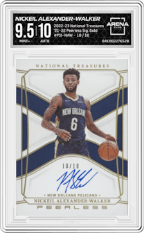 Nickeil Alexander-Walker from the 2022-23 Panini National Treasures set featuring a Gold parallel graded by Arena Club and given an overall grade of 9.5.