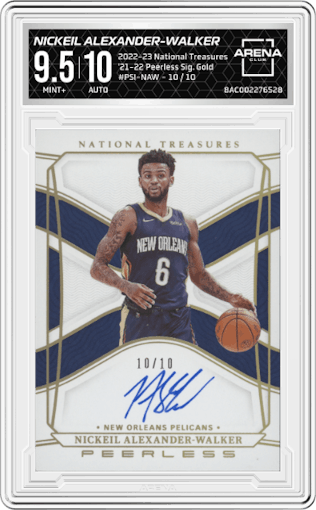 Nickeil Alexander-Walker from the 2022-23 Panini National Treasures set featuring a Gold parallel graded by Arena Club and given an overall grade of 9.5.