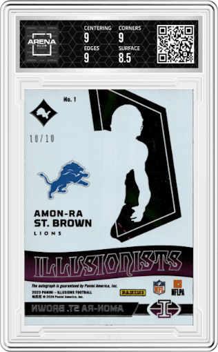 Amon-Ra St. Brown from the 2023 Panini Illusions set featuring a Gold parallel graded by Arena Club and given an overall grade of 9.