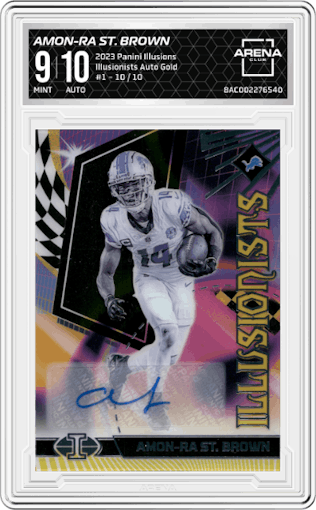 Amon-Ra St. Brown from the 2023 Panini Illusions set featuring a Gold parallel graded by Arena Club and given an overall grade of 9.