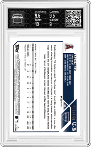 Zach Neto from the 2023 Topps Chrome Update set featuring a Blue RayWave Refractor parallel graded by Arena Club and given an overall grade of 9.5.