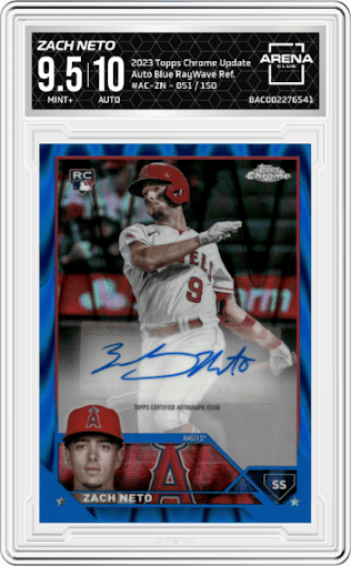 Zach Neto from the 2023 Topps Chrome Update set featuring a Blue RayWave Refractor parallel graded by Arena Club and given an overall grade of 9.5.
