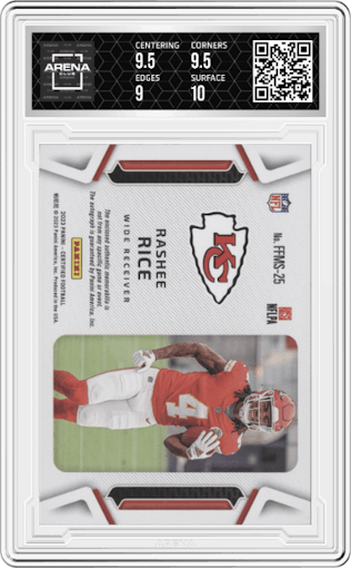 Rashee Rice from the 2023 Panini Certified set featuring a Bronze parallel graded by Arena Club and given an overall grade of 9.5.