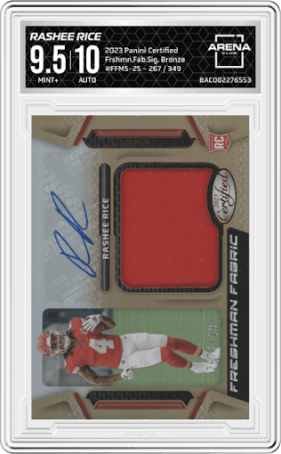 Rashee Rice from the 2023 Panini Certified set featuring a Bronze parallel graded by Arena Club and given an overall grade of 9.5.