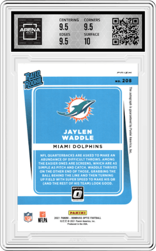 Jaylen Waddle from the 2021 Panini Donruss Optic set featuring a Bronze parallel graded by Arena Club and given an overall grade of 10.