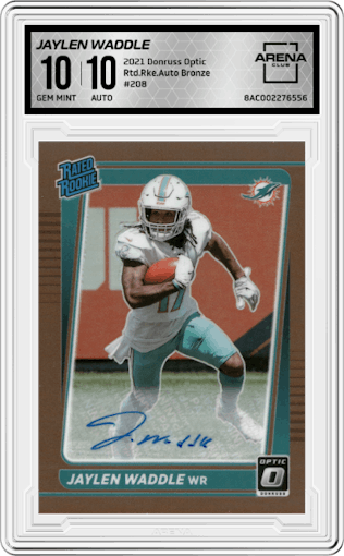 Jaylen Waddle from the 2021 Panini Donruss Optic set featuring a Bronze parallel graded by Arena Club and given an overall grade of 10.
