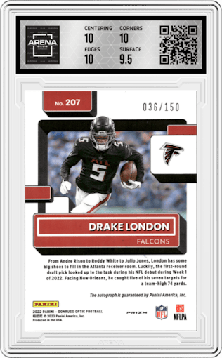 Drake London from the 2022 Panini Donruss Optic set graded by Arena Club and given an overall grade of 10.