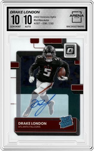 Drake London from the 2022 Panini Donruss Optic set graded by Arena Club and given an overall grade of 10.
