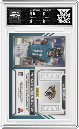 Parker Washington from the 2023 Panini Obsidian set graded by Arena Club and given an overall grade of 8.5.