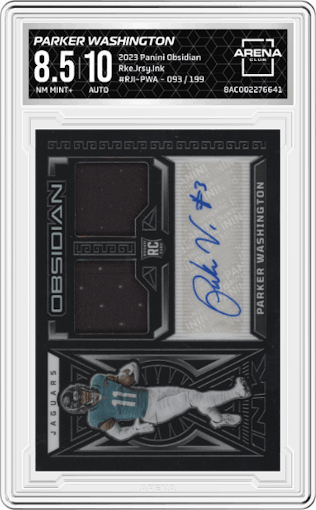 Parker Washington from the 2023 Panini Obsidian set graded by Arena Club and given an overall grade of 8.5.