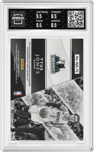 Tyus Jones  from the 2015-16 Panini Limited Basketball set featuring a Silver Spotlight parallel graded by Arena Club and given an overall grade of 9.