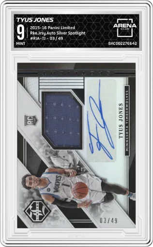 Tyus Jones  from the 2015-16 Panini Limited Basketball set featuring a Silver Spotlight parallel graded by Arena Club and given an overall grade of 9.