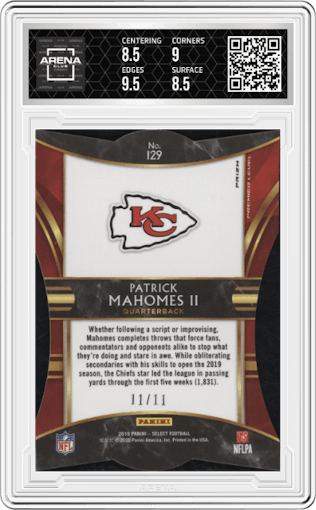 Patrick Mahomes II from the 2019 Panini Select  set featuring a Die-Cut Orange Pulsar parallel graded by Arena Club and given an overall grade of 9.