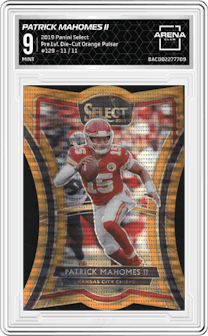 Patrick Mahomes II from the 2019 Panini Select  set featuring a Die-Cut Orange Pulsar parallel graded by Arena Club and given an overall grade of 9.