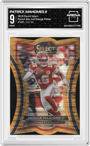 Patrick Mahomes II from the 2019 Panini Select  set featuring a Die-Cut Orange Pulsar parallel graded by Arena Club and given an overall grade of 9.