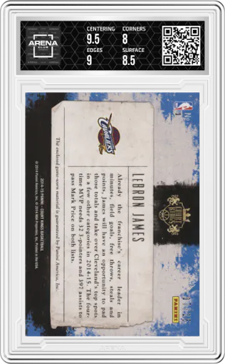 LeBron James from the 2014-15 Panini Court Kings set graded by Arena Club and given an overall grade of 8.5.