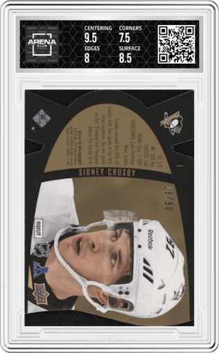 Sidney Crosby from the 2014-15 Upper Deck SPx set featuring a Grand Finale parallel graded by Arena Club and given an overall grade of 8.
